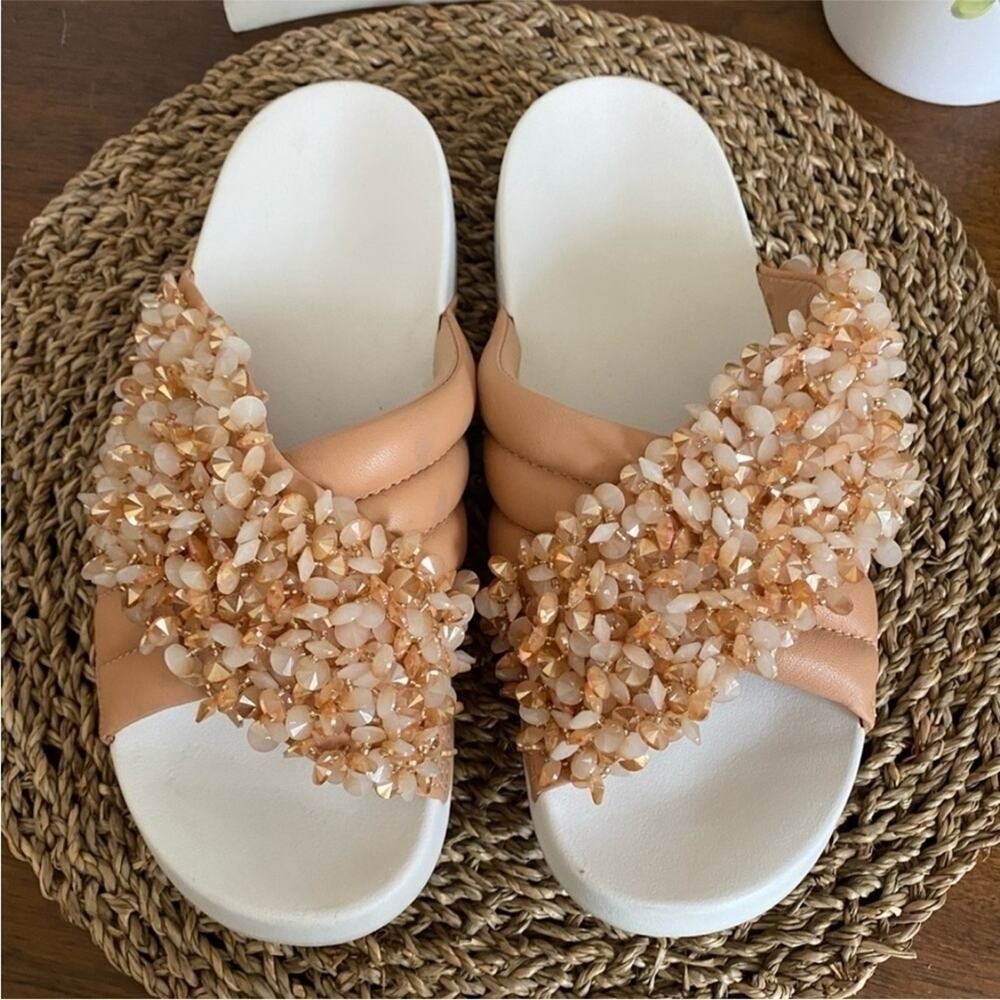 Tory Burch Logan embellished beaded slides sandals natural vachetta rose leather